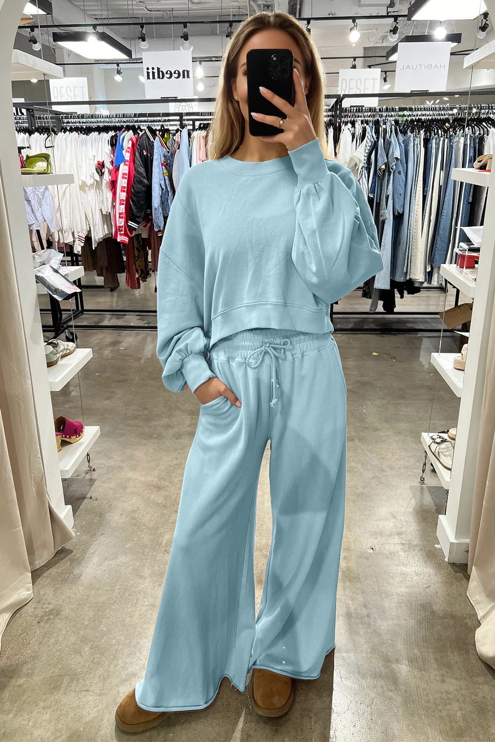 Yellow Cream Drop Shoulder Puff Sleeve Crop Pullover Drawstring Wide Leg Pants Set