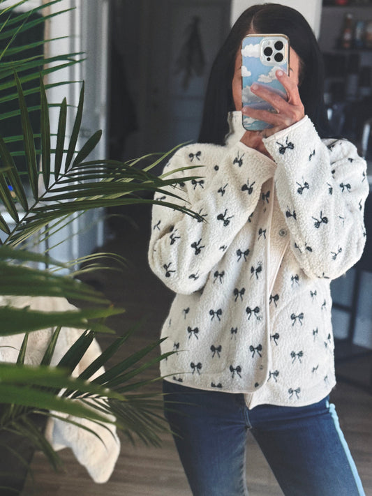 Cleo | Bow Embroidered Sherpa Jacket | Creme