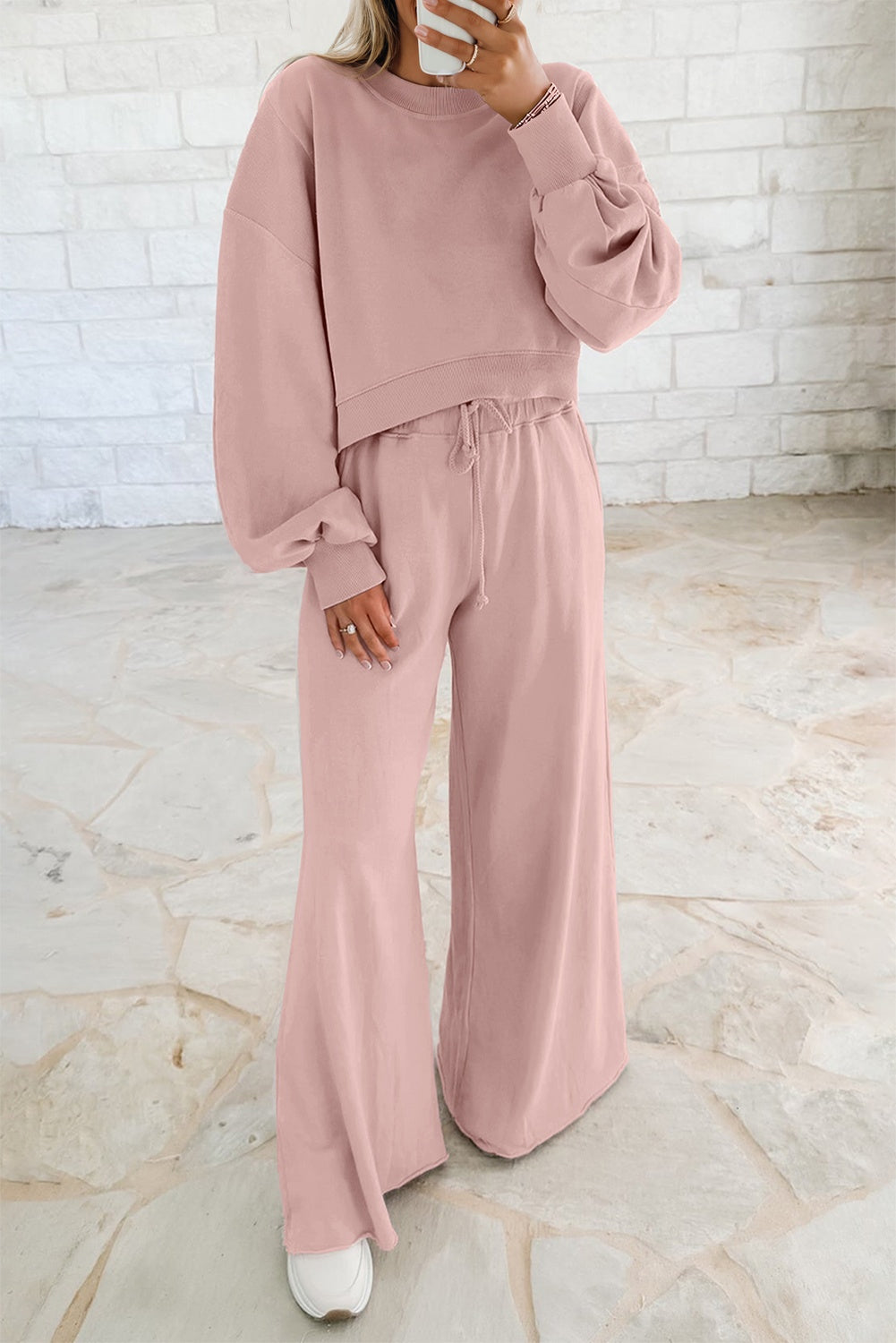 Yellow Cream Drop Shoulder Puff Sleeve Crop Pullover Drawstring Wide Leg Pants Set