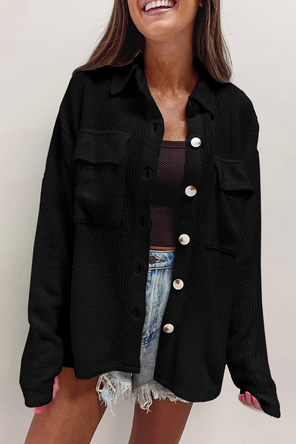 Apricot Solid Color Corduroy Buttoned Long Sleeve Shacket