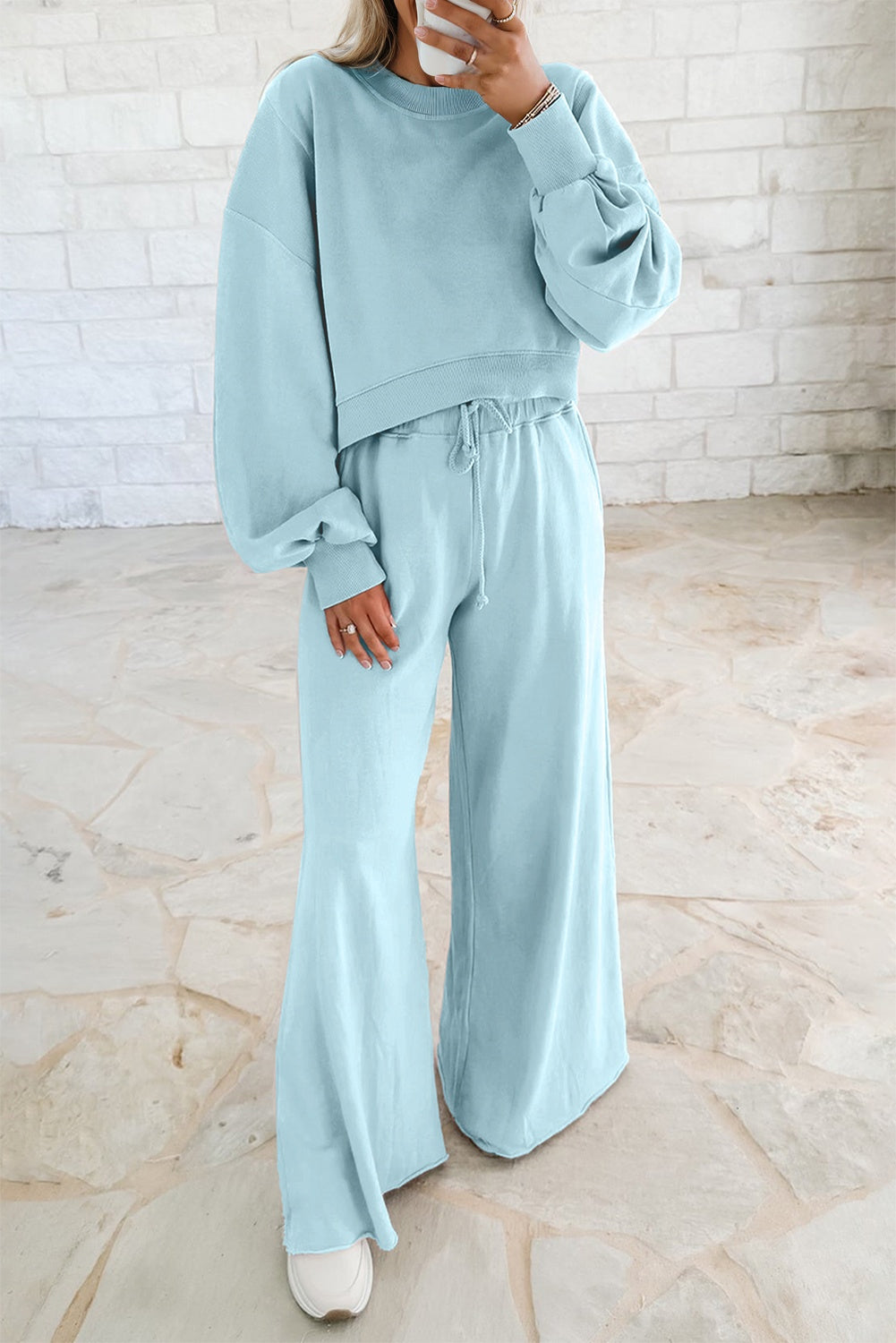 Yellow Cream Drop Shoulder Puff Sleeve Crop Pullover Drawstring Wide Leg Pants Set