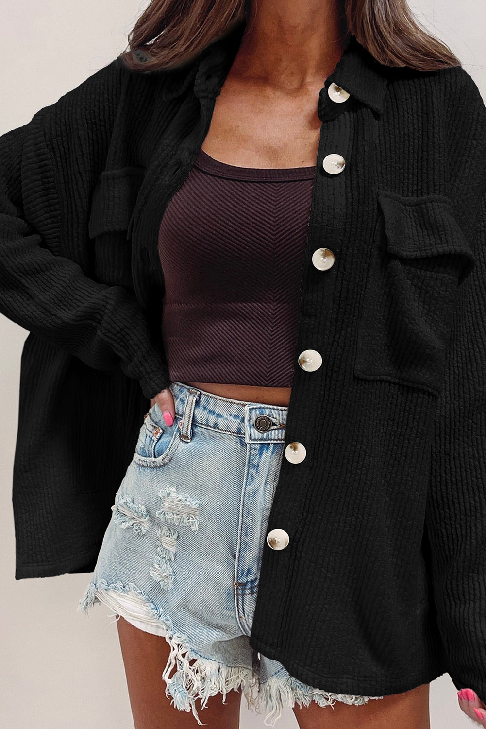 Apricot Solid Color Corduroy Buttoned Long Sleeve Shacket