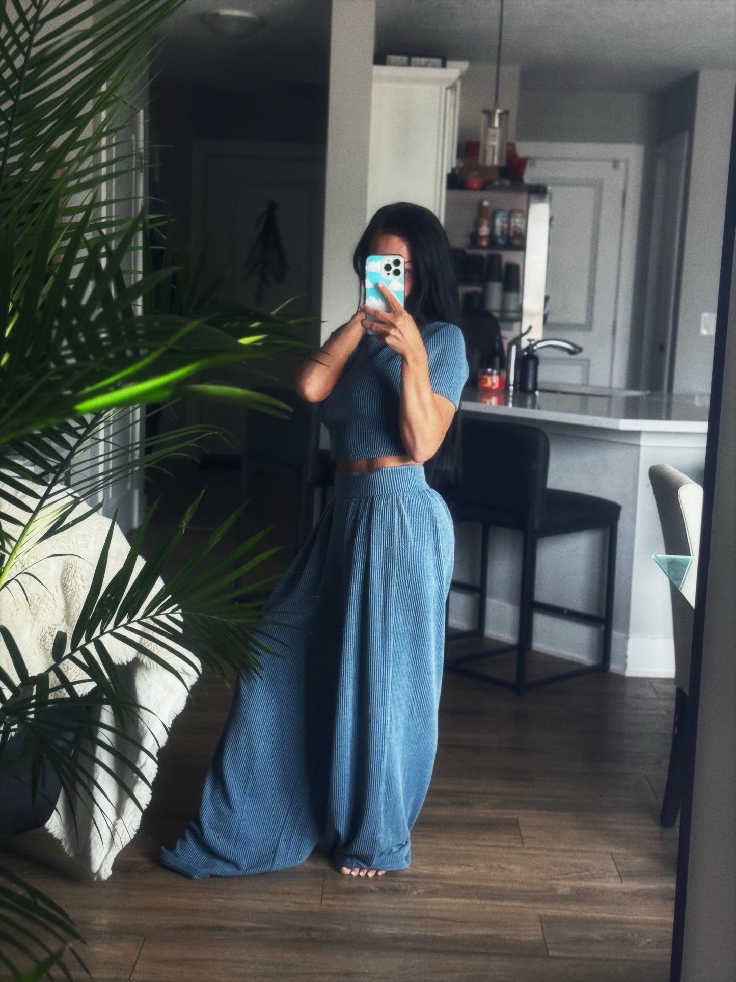 Haven | Ribbed Wide Leg Pants Set | Dusted Blue