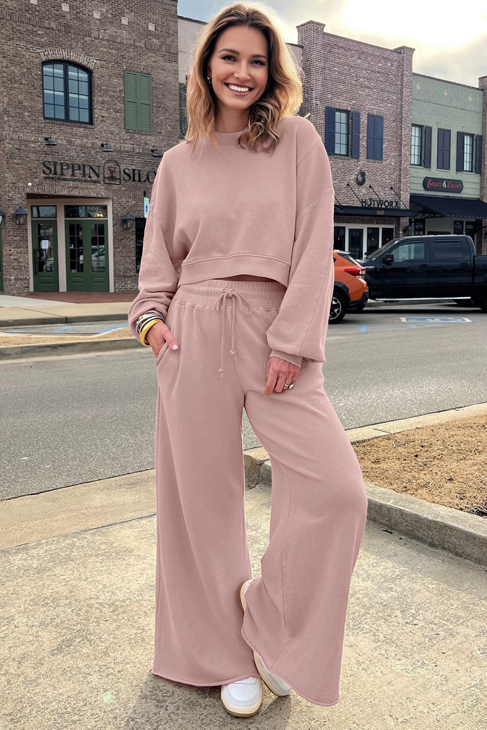 Yellow Cream Drop Shoulder Puff Sleeve Crop Pullover Drawstring Wide Leg Pants Set