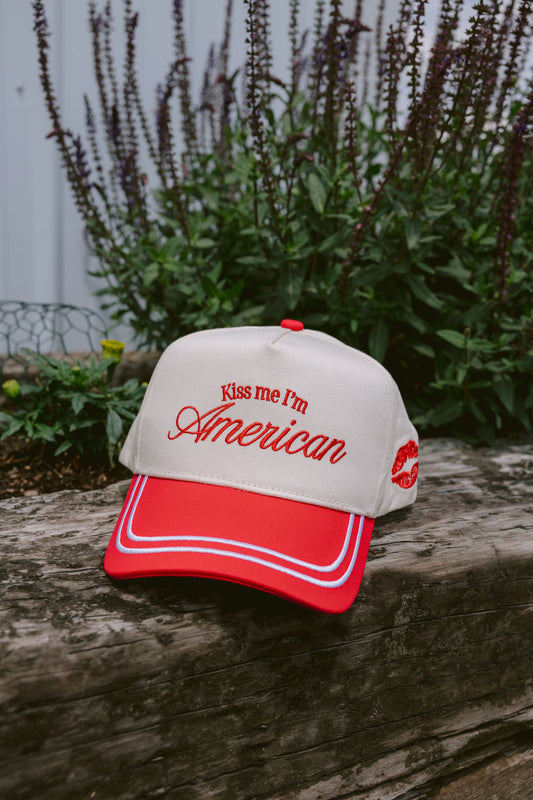 Kiss me I'm American | Red Vintage Trucker Hat