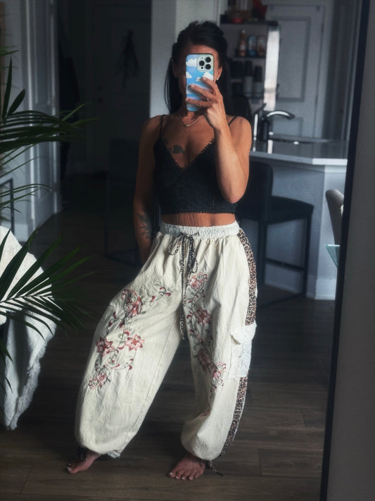 Wild Gypsy | Embroidered Patchwork Jogger | Powder Beige