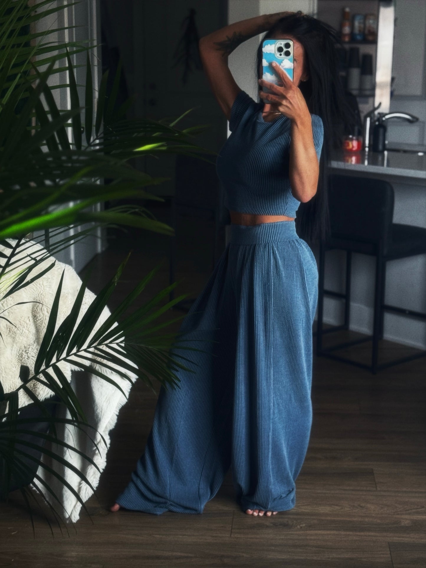 Haven | Ribbed Wide Leg Pants Set | Dusted Blue