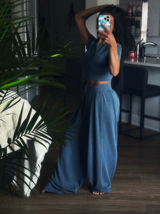 Haven | Ribbed Wide Leg Pants Set | Dusted Blue