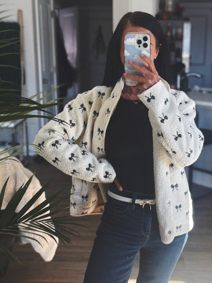 Cleo | Bow Embroidered Sherpa Jacket | Creme
