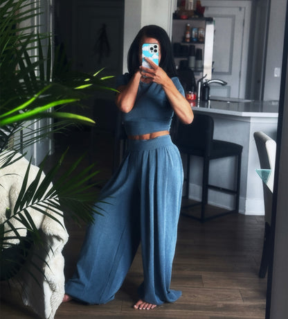 Haven | Ribbed Wide Leg Pants Set | Dusted Blue