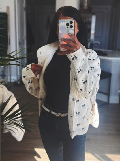Cleo | Bow Embroidered Sherpa Jacket | Creme