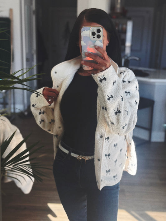 Cleo | Bow Embroidered Sherpa Jacket | Creme